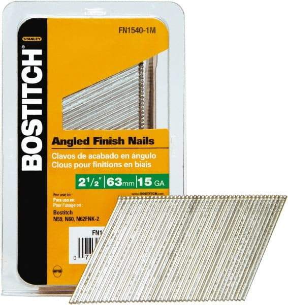 Stanley Bostitch - 15 Gauge 0.07" Shank Diam 2-1/2" Long Finishing Nails for Power Nailers - Steel, Bright Finish, Smooth Shank, Angled Stick Adhesive Collation, Round Head, Chisel Point - Apex Tool & Supply