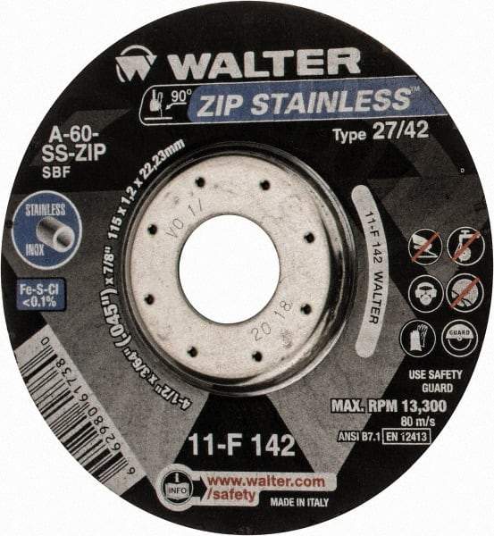 WALTER Surface Technologies - 60 Grit, 4-1/2" Wheel Diam, 3/64" Wheel Thickness, 7/8" Arbor Hole, Type 27 Depressed Center Wheel - Aluminum Oxide, Resinoid Bond, 13,300 Max RPM - Apex Tool & Supply