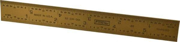 Fowler - 6" Long, 1/64, 1/32, 1/16, 1/8" Graduation, Rigid Steel Rule - 4R Graduation Style, 3/4" Wide, Yellow, Titanium Finish - Apex Tool & Supply