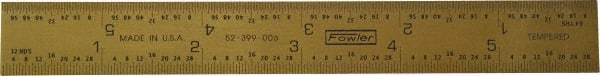 Fowler - 6" Long, 1/64, 1/32" and 0.5, 1mm Graduation, Rigid Steel Rule - English/Metric Graduation Style, 1/2" Wide, Yellow, Titanium Finish - Apex Tool & Supply