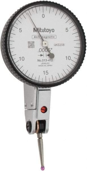 Mitutoyo - 0.03 Inch Range, 0.0005 Inch Dial Graduation, Horizontal Dial Test Indicator - 1.54 Inch White Dial, 0-15-0 Dial Reading, Accurate to 0.0005 Inch - Apex Tool & Supply