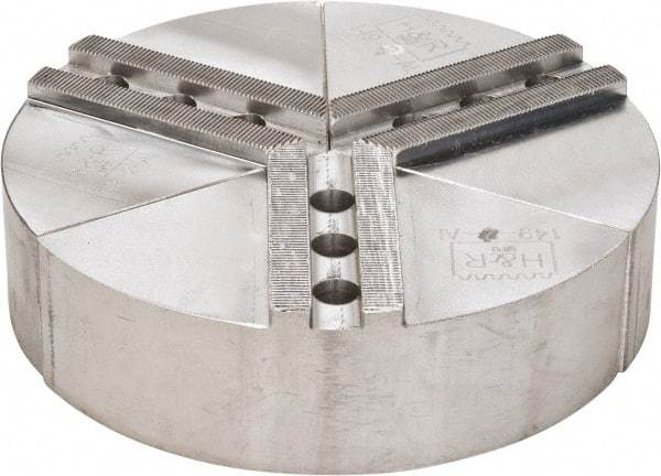 H & R Manufacturing - 8" Chuck Capacity, 1.5mm x 60° Serrated Attachment, Round Soft Lathe Chuck Jaw - 3 Jaws, Aluminum, 1" Btw Mount Hole Ctrs, 4" Long x 8" Wide x 2" High, 0.551" Groove, 12mm Fastener - Apex Tool & Supply