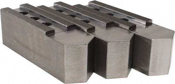 H & R Manufacturing - 16 to 20" Chuck Capacity, 3/32 x 90° Serrated Attachment, Square Soft Lathe Chuck Jaw - 3 Jaws, Steel, 1-9/16" Btw Mount Hole Ctrs, 9" Long x 2-1/2" Wide x 3" High, 1" Groove - Apex Tool & Supply