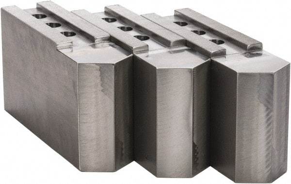 H & R Manufacturing - 16 to 20" Chuck Capacity, 3/32 x 90° Serrated Attachment, Square Soft Lathe Chuck Jaw - 3 Jaws, Steel, 1-9/16" Btw Mount Hole Ctrs, 9" Long x 2-1/2" Wide x 5" High, 1" Groove - Apex Tool & Supply