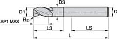 Kennametal - 0.472", 3 Flute, Single End, Solid Carbide, Corner Radius End Mill - 84mm OAL, 45° Helix, Right Hand Flute, 18mm LOC, Right Hand Cut, 36mm Extended Reach - Apex Tool & Supply