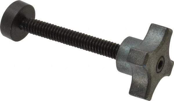Made in USA - 1/4-20 Lobed Shoulder Swivel Pad Tip Steel Thumb Screw - 2-9/16" OAL, 1-1/8" Head Diam x 5/8" Head Height, Black Oxide Finish - Apex Tool & Supply