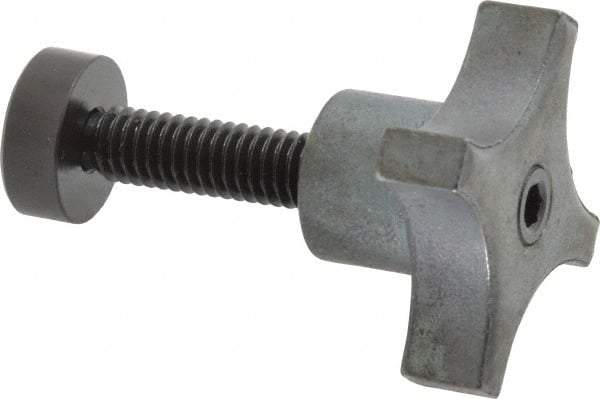 Made in USA - 5/16-18 Lobed Shoulder Swivel Pad Tip Steel Thumb Screw - 2-1/8" OAL, 1-1/2" Head Diam x 7/8" Head Height, Black Oxide Finish - Apex Tool & Supply