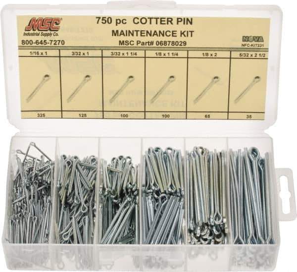 Value Collection - 750 Piece, 1/16 to 5/32" Pin Diam, Cotter Pin Assortment - 1 to 2-1/2" Long, Steel - Apex Tool & Supply