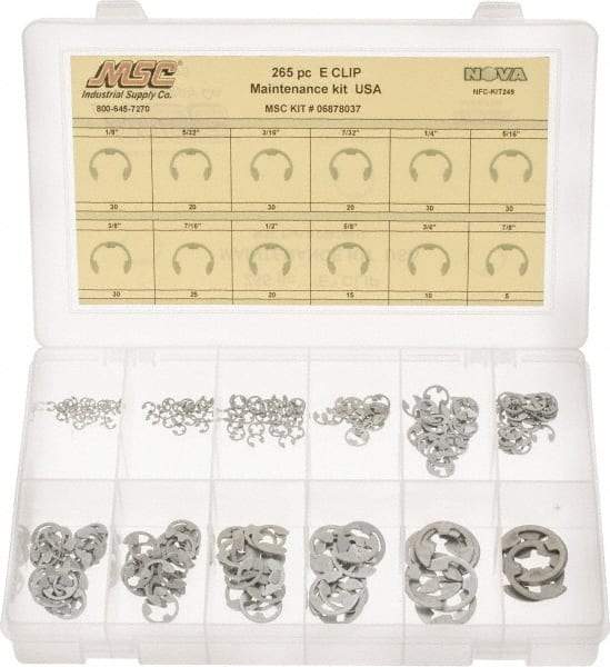 Made in USA - 265 Piece, 1/8 to 7/8", Steel, E Style External Retaining Ring Assortment - Includes Compartmented Case, Specification Labels - Apex Tool & Supply