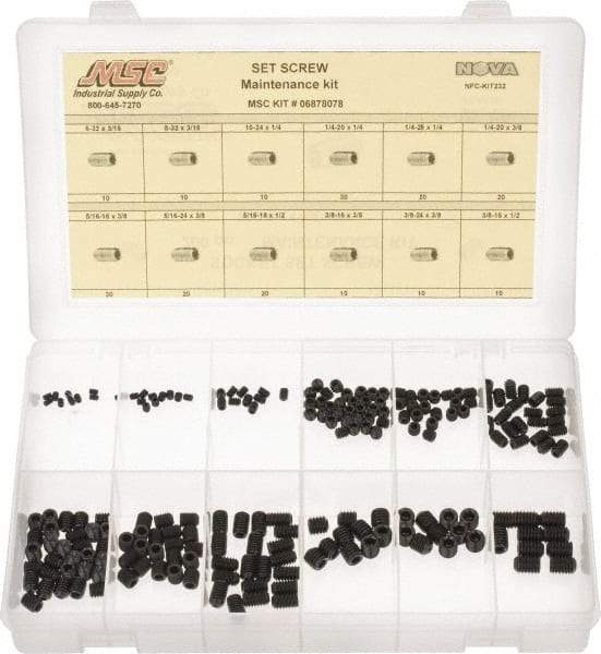 Value Collection - 200 Piece, #6-32 to 3/8-24, Steel Set Screw Assortment - Hex Head, Hex Socket Drive, 3/16 to 3/8" Long - Apex Tool & Supply