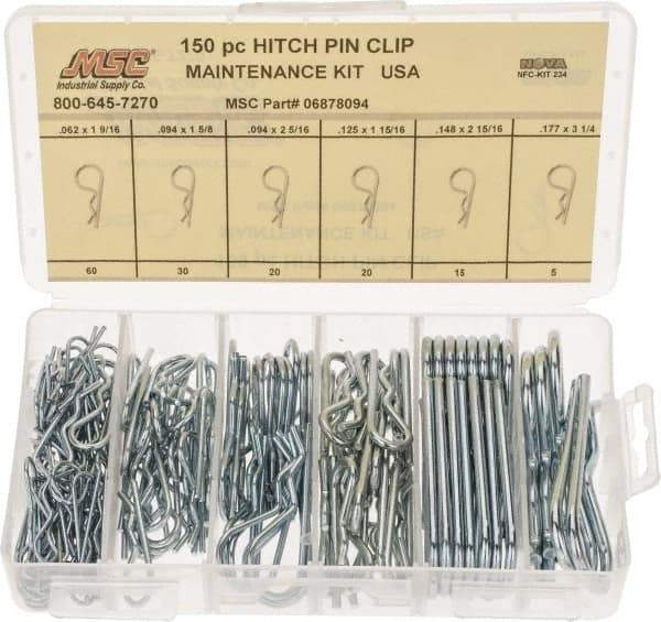 Value Collection - 150 Piece, 1/16 to 3/16" Pin Diam, Hitch Pin Assortment - 1-9/16 to 3-1/4" Long, Spring Steel - Apex Tool & Supply
