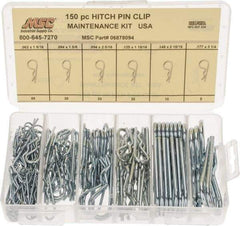 Value Collection - 150 Piece, 1/16 to 3/16" Pin Diam, Hitch Pin Assortment - 1-9/16 to 3-1/4" Long, Spring Steel - Apex Tool & Supply