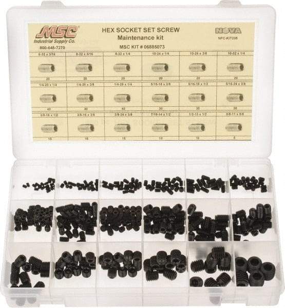 Value Collection - 400 Piece, #6-32 to 5/8-11, Steel Set Screw Assortment - Hex Head, Hex Socket Drive, 3/16 to 5/8" Long - Apex Tool & Supply