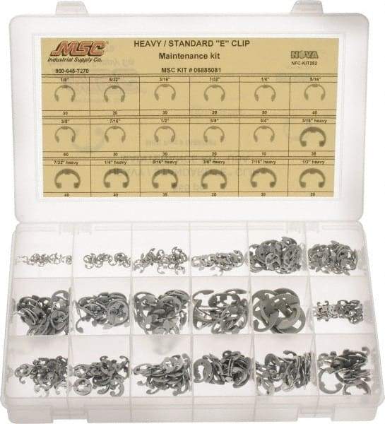 Made in USA - 565 Piece, 1/8 to 3/4", Steel, E Style External Retaining Ring Assortment - Includes Compartmented Case - Apex Tool & Supply