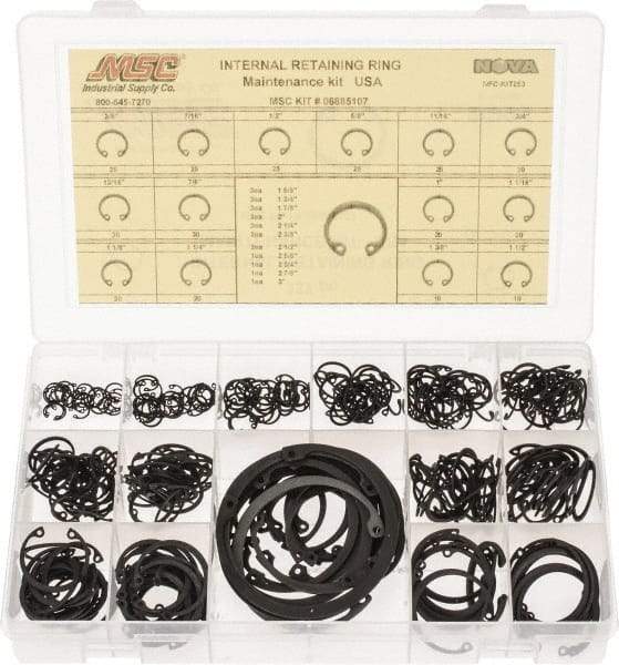 Made in USA - 337 Piece, 3/8 to 3", SpRing Assortment Steel, Snap Internal Retaining Ring Assortment - Includes Compartmented Case - Apex Tool & Supply