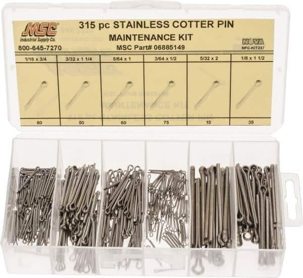 Value Collection - 315 Piece, 1/16 to 1/8" Pin Diam, Cotter Pin Assortment - 3/64 to 5/32" Long, Stainless Steel - Apex Tool & Supply