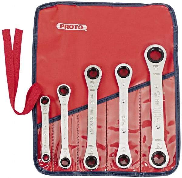 Proto - 5 Piece, 7mm to 17mm, 6, 12 Point Ratcheting Box Wrench Set - Metric Measurement Standard, Chrome Finish, Comes in Pouch - Apex Tool & Supply