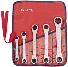 Proto - 5 Piece, 7mm to 17mm, 6, 12 Point Ratcheting Box Wrench Set - Metric Measurement Standard, Chrome Finish, Comes in Pouch - Apex Tool & Supply