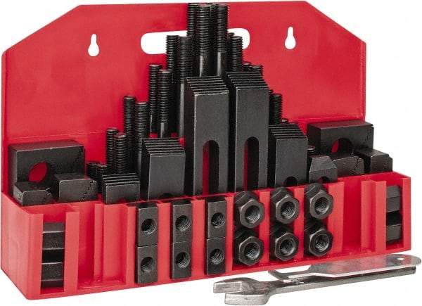 Value Collection - 52 Piece Fixturing Step Block & Clamp Set with 1" Step Block, 5/8" T-Slot, 1/2-13 Stud Thread - 1" Nut Width, 3, 4, 5, 6, 7 & 8" Stud Lengths - Apex Tool & Supply