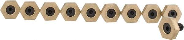 Mitee-Bite - 5/8" Brass Hex, 1/4-20 Stud Thread, Symmetrical Hex Clamp - 3/16" Hex Height, 800 Lb Holding Force, Hardened Steel Stud, 15/32" Long Thread, 6.2 Ft/Lb Torque, 10 Clamps - Apex Tool & Supply