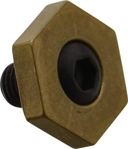 Mitee-Bite - 13/16" Brass Hex, 5/16-24 Stud Thread, Symmetrical Hex Clamp - 3/16" Hex Height, 800 Lb Holding Force, Hardened Steel Stud, 15/32" Long Thread, 8.3 Ft/Lb Torque, 12 Clamps - Apex Tool & Supply