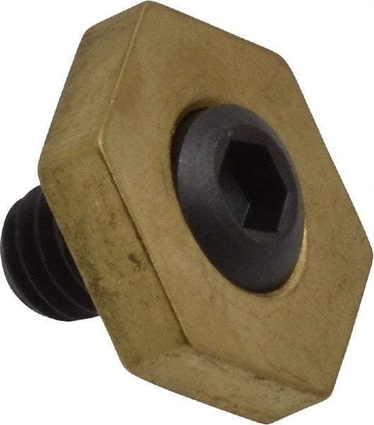 Mitee-Bite - 13/16" Brass Hex, 5/16-18 Stud Thread, Symmetrical Hex Clamp - 3/16" Hex Height, 800 Lb Holding Force, Hardened Steel Stud, 15/32" Long Thread, 8.3 Ft/Lb Torque, 12 Clamps - Apex Tool & Supply