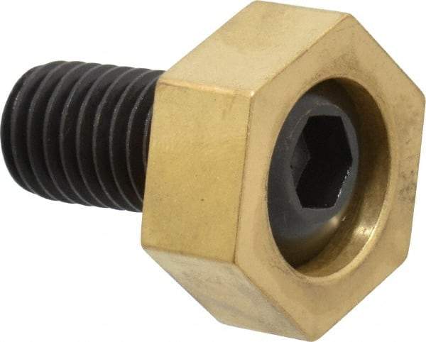 Mitee-Bite - 1-3/16" Brass Hex, 5/8-11 Stud Thread, Symmetrical Hex Clamp - 1/2" Hex Height, 6,000 Lb Holding Force, Hardened Steel Stud, 1-1/8" Long Thread, 100 Ft/Lb Torque, 4 Clamps - Apex Tool & Supply