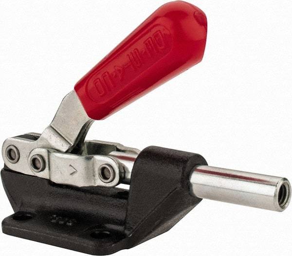 De-Sta-Co - 600 Lb Load Capacity, Flanged Base, Carbon Steel, Standard Straight Line Action Clamp - 4 Mounting Holes, 0.27" Mounting Hole Diam, 0.44" Plunger Diam, Straight Handle - Apex Tool & Supply