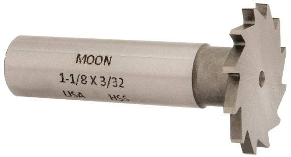 Made in USA - 1-1/8" Diam x 3/32" Face Width, High Speed Steel, 16 Teeth, Shank Connection Woodruff Keyseat Cutter - Uncoated, 2-3/16" OAL x 1/2" Shank, Straight Teeth - Apex Tool & Supply