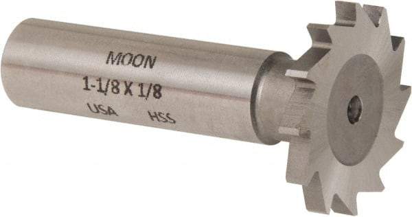 Made in USA - 1-1/8" Diam x 1/8" Face Width, High Speed Steel, 16 Teeth, Shank Connection Woodruff Keyseat Cutter - Uncoated, 2-3/16" OAL x 1/2" Shank, Straight Teeth - Apex Tool & Supply