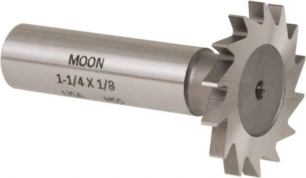 Made in USA - 1-1/4" Diam x 1/8" Face Width, High Speed Steel, 18 Teeth, Shank Connection Woodruff Keyseat Cutter - Uncoated, 2-3/16" OAL x 1/2" Shank, Straight Teeth - Apex Tool & Supply