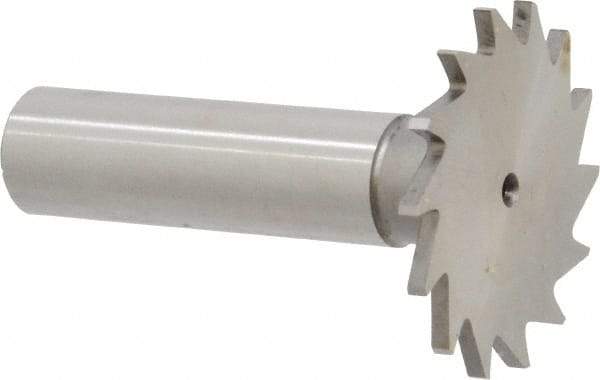 Made in USA - 1-3/8" Diam x 5/64" Face Width, High Speed Steel, 18 Teeth, Shank Connection Woodruff Keyseat Cutter - Uncoated, 2-1/4" OAL x 1/2" Shank, Straight Teeth - Apex Tool & Supply