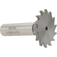 Made in USA - 1-3/8" Diam x 3/32" Face Width, High Speed Steel, 18 Teeth, Shank Connection Woodruff Keyseat Cutter - Uncoated, 2-1/4" OAL x 1/2" Shank, Straight Teeth - Apex Tool & Supply