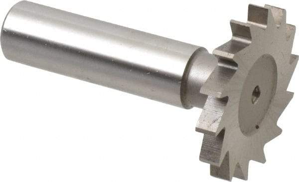 Made in USA - 1-3/8" Diam x 11/64" Face Width, High Speed Steel, 18 Teeth, Shank Connection Woodruff Keyseat Cutter - Uncoated, 2-1/4" OAL x 1/2" Shank, Straight Teeth - Apex Tool & Supply