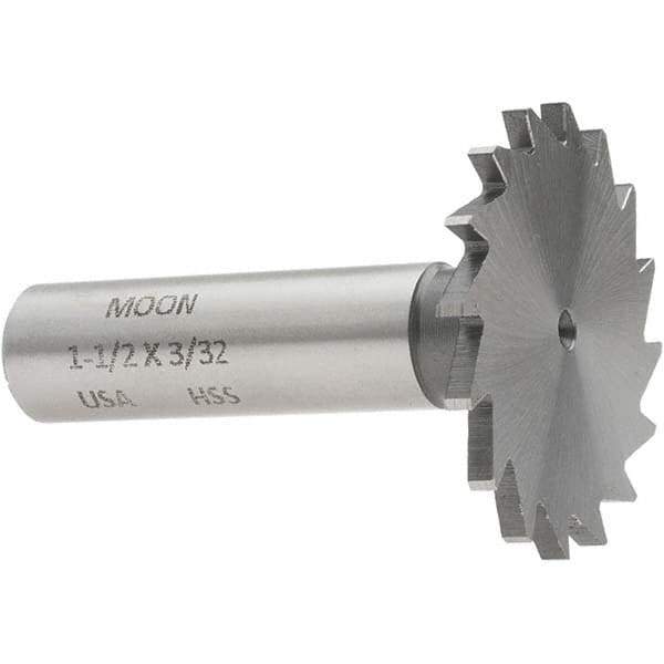 Made in USA - 1-1/2" Diam x 3/32" Face Width, High Speed Steel, 20 Teeth, Shank Connection Woodruff Keyseat Cutter - Uncoated, 2-1/4" OAL x 1/2" Shank, Straight Teeth - Apex Tool & Supply