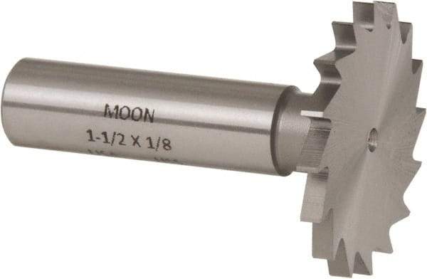 Made in USA - 1-1/2" Diam x 1/8" Face Width, High Speed Steel, 16 Teeth, Shank Connection Woodruff Keyseat Cutter - Uncoated, 2-1/8" OAL x 1/2" Shank, Straight Teeth - Apex Tool & Supply
