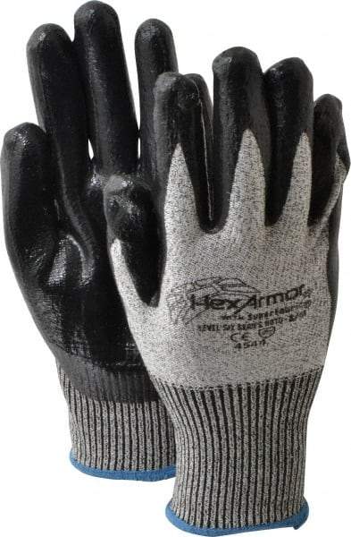 HexArmor - Size M (8), ANSI Cut Lvl A8, Puncture Lvl 5, Nitrile Coated Cut & Puncture Resistant Gloves - Palm & Fingers Coated, SuperFabric/HPPE Lining, Knit Wrist, Gray/Black, Paired - Apex Tool & Supply