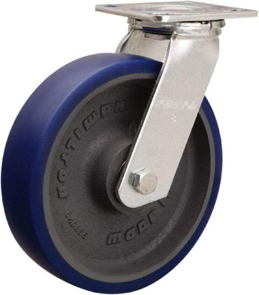 Hamilton - 8" Diam x 2" Wide x 9-1/2" OAH Top Plate Mount Swivel Caster - Polyurethane Mold onto Cast Iron Center, 900 Lb Capacity, Sealed Precision Ball Bearing, 4 x 4-1/2" Plate - Apex Tool & Supply