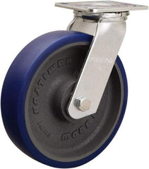 Hamilton - 8" Diam x 2" Wide x 9-1/2" OAH Top Plate Mount Swivel Caster - Polyurethane Mold onto Cast Iron Center, 900 Lb Capacity, Sealed Precision Ball Bearing, 4 x 4-1/2" Plate - Apex Tool & Supply