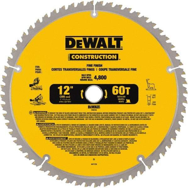 DeWALT - 12" Diam, 1" Arbor Hole Diam, 60 Tooth Wet & Dry Cut Saw Blade - Carbide-Tipped, Fine Finishing Action, Standard Round Arbor - Apex Tool & Supply