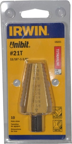 Irwin - 10 Hole Sizes, 13/16 to 1-3/8" Hole Diam High Speed Steel Standard Point Step Drill Bit - Apex Tool & Supply