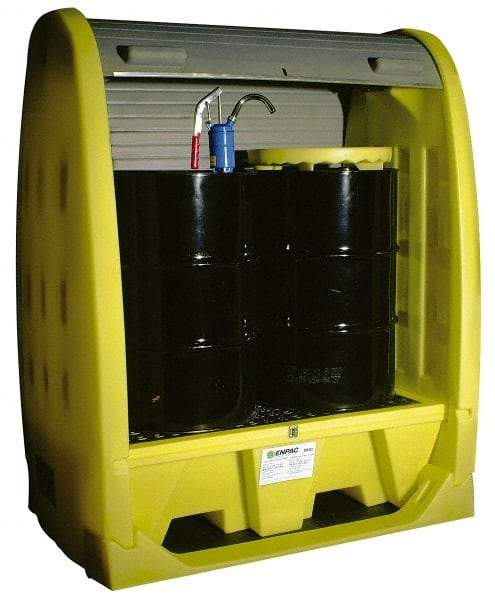 Enpac - 4 Drum, 66 Gal Sump Capacity, Pallet with Rolltop Hardcover - 69" High, Vertical Storage, Polyethylene - Apex Tool & Supply