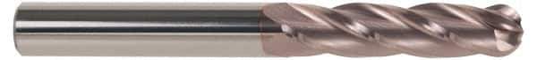 SGS - 1" Diam, 2-1/4" LOC, 4 Flute Solid Carbide Ball End Mill - TiCN Finish, Single End, 5" OAL, 1" Shank Diam, Spiral Flute - Apex Tool & Supply