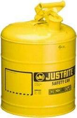 Justrite - 5 Gal Galvanized Steel Self-Closing, Self-Venting, Full-Length Flame Arrester - 16-7/8" High x 11-3/4" Diam, Yellow - Apex Tool & Supply