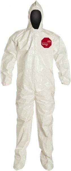 Dupont - Size L Saranex Chemical Resistant Coveralls - White, Zipper Closure, Elastic Cuffs, Open Ankles, Bound Seams - Apex Tool & Supply