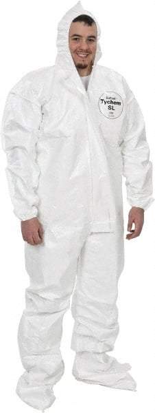 Dupont - Size 3XL Saranex Chemical Resistant Coveralls - White, Zipper Closure, Elastic Cuffs, Open Ankles, Bound Seams - Apex Tool & Supply