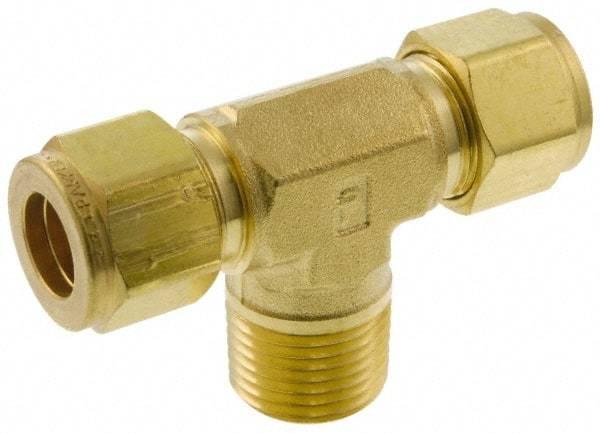 Parker - 1/2" OD, Brass Male Branch Tee - 2,200 Max Working psi, 13/16" Hex, Comp x Comp x MNPT Ends - Apex Tool & Supply