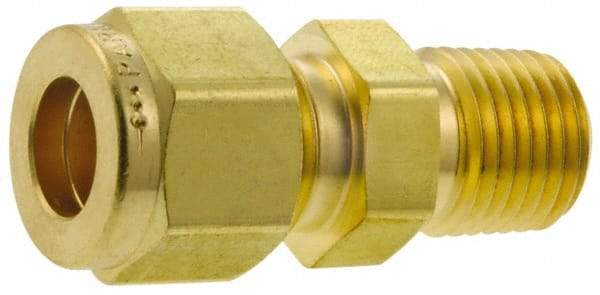 Parker - 1/2" OD, Brass Male Connector - 2,200 Max Working psi, 1-3/8" Hex, Comp x MNPT Ends - Apex Tool & Supply