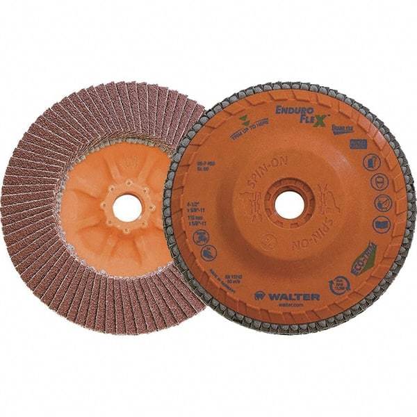 WALTER Surface Technologies - 60 Grit, 4-1/2" Disc Diam, 5/8-11 Center Hole, Zirconia Alumina Flap Disc - 13,300 Max RPM, Plastic Backing, Arbor Attaching System, Coated - Apex Tool & Supply