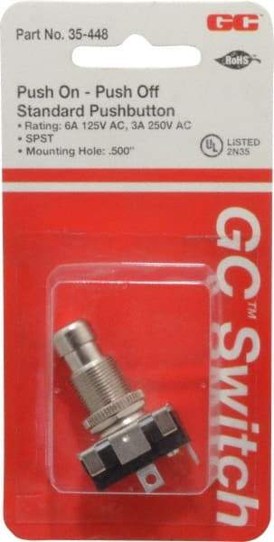 GC/Waldom - 1/2 Inch Mount Hole, Miniature Pushbutton Switch Only - Round, Chrome Pushbutton, Nonilluminated, Maintained (MA), On-Off - Apex Tool & Supply